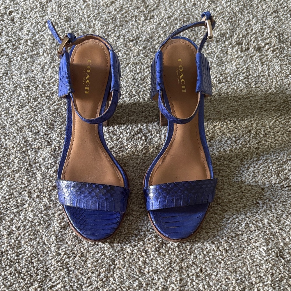 Coach Blue Snake Embossed Leather Block Heel Sandals